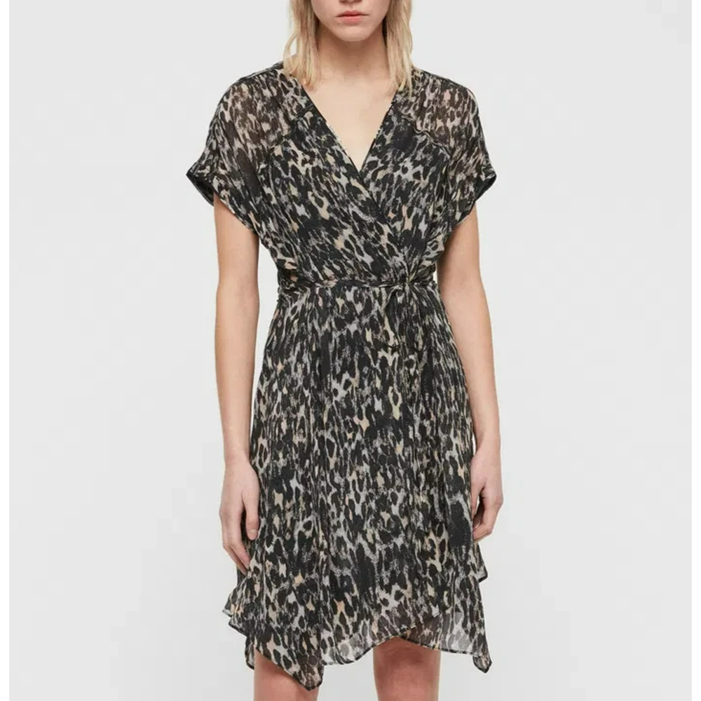 All Saints Claria Leopard Print Dress Size XS Lined Faux Wrap V-Neck Flowy Edgy